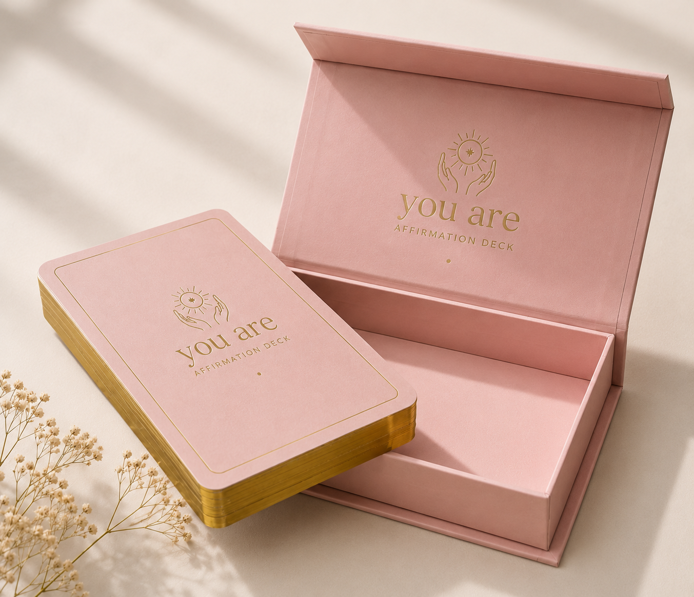 Custom printed card deck beside its gift box