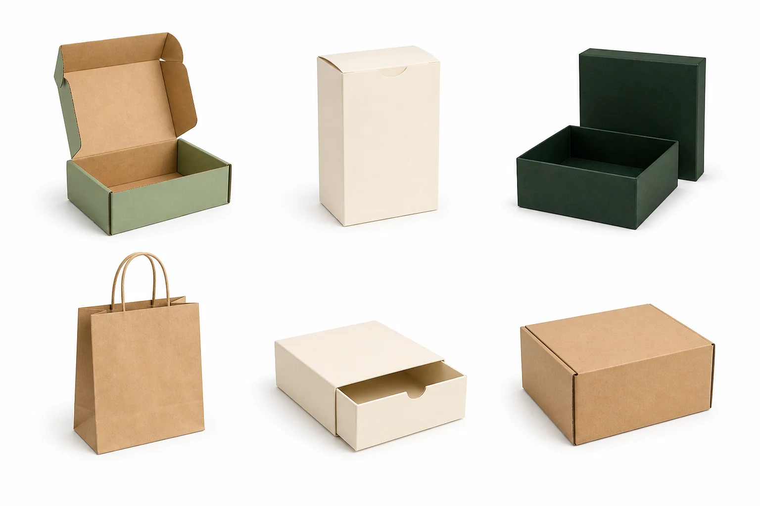 A collection of mailers, folding cartons, rigid boxes and paper bags