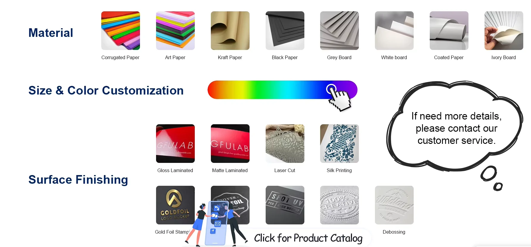 Paper stock samples and surface finishes including foil, spot UV, embossing and debossing